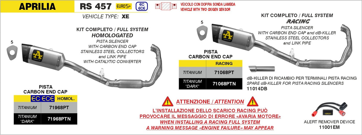 Arrow 71968PT Pista Stainless Steel Full Exhaust System w/Titanium Muffler & Carbon End Cap for Aprilia RS 457 24-Up