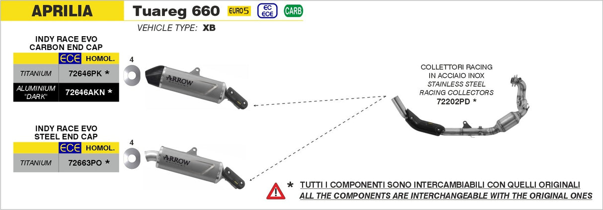 Arrow 72663PO Indy Race Evo Titanium Slip-On Muffler w/Steel End Cap for Aprilia Tuareg 660 22-Up