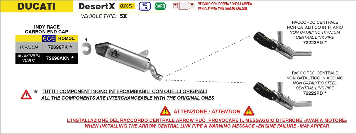 Arrow 72696PK Indy Race Titanium Slip-On Muffler w/Carbon End Cap for Ducati Desert X 2026