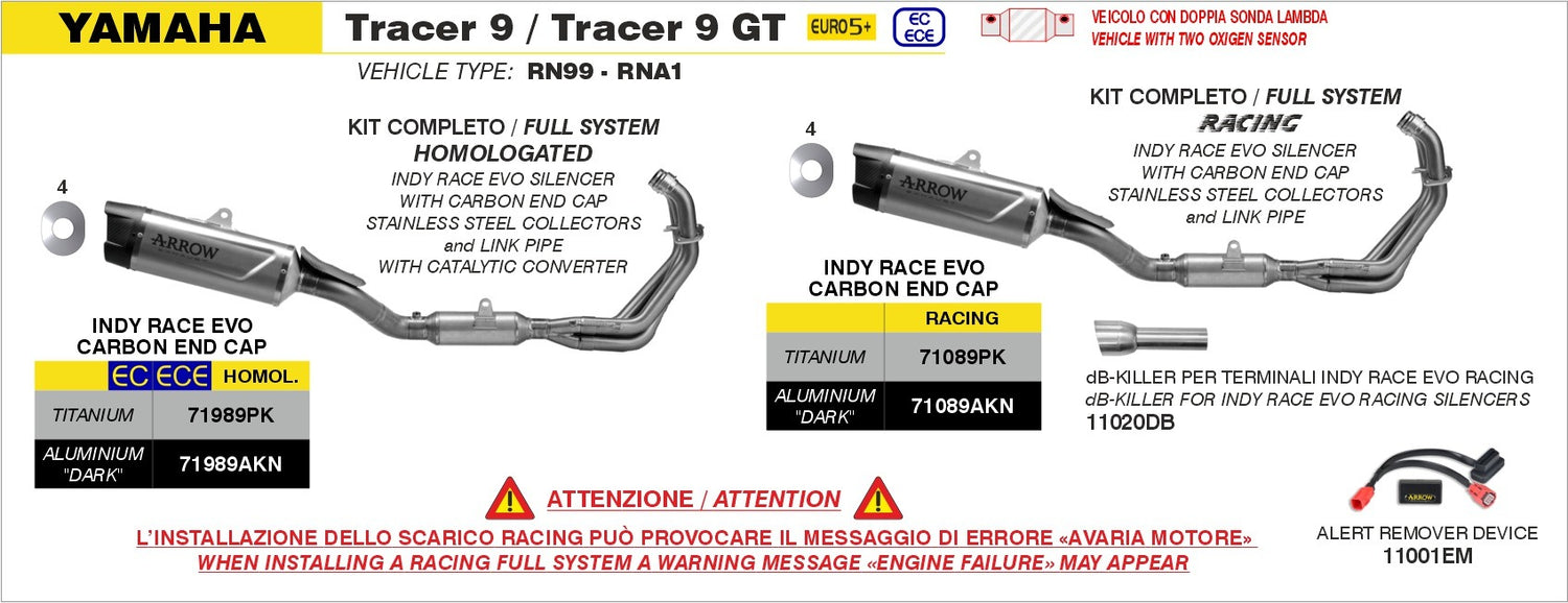 Arrow 71989PK Indy Race Evo Stainless Steel Full Exhaust System w/Titanium Muffler & Carbon End Cap for Yamaha Tracer 9 25-Up