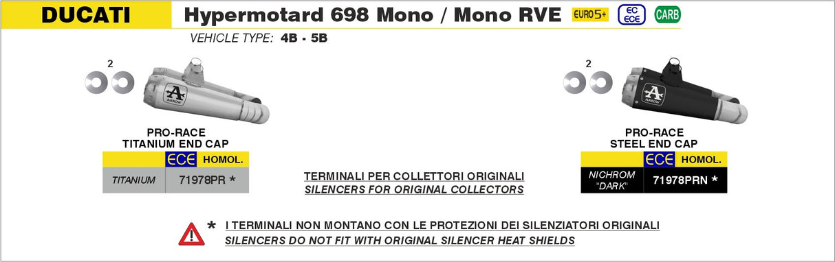 Arrow 71978PRN Pro-Race Nichrom Dark Slip-On Muffler w/Steel End Cap for Ducati Hypermotard 698 Mono 24-25