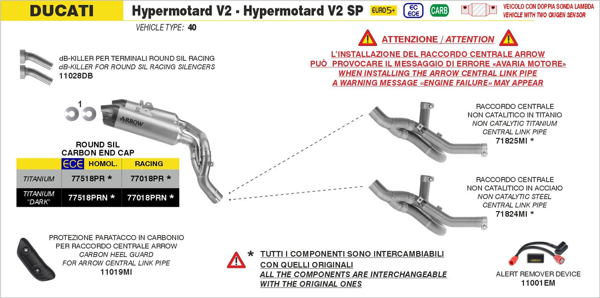 Arrow 11028DB dB-Killer for Ducati Hypermotard V2/SP/Monster 890 V2 2026/Panigale V2/V2S 25-Up/StreetFighter V2/V2S 25-Up w/Pro-Race Mufflers