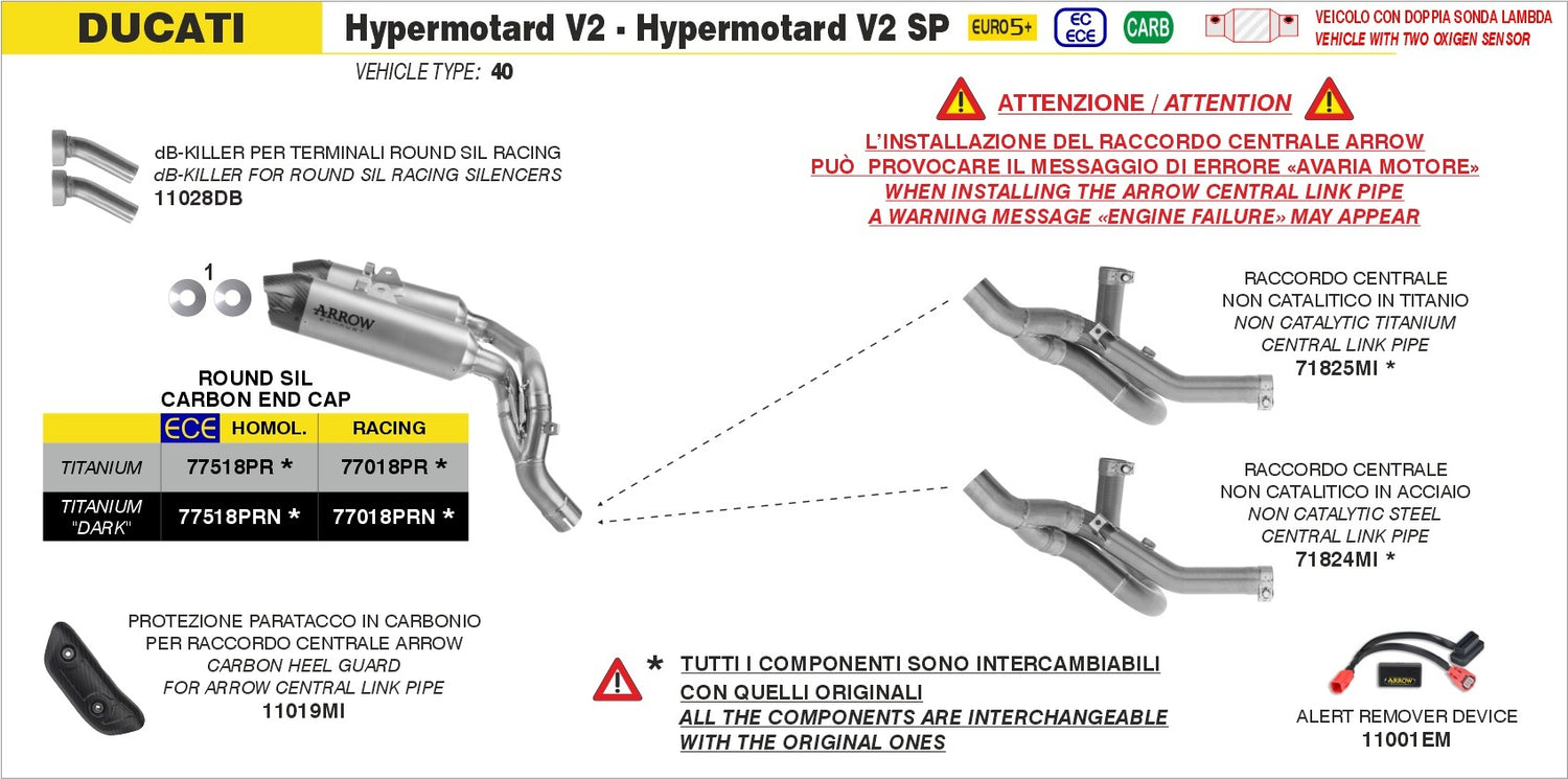 Arrow 11028DB dB-Killer for Ducati Hypermotard V2/SP/Monster 890 V2 2026/Panigale V2/V2S 25-Up/StreetFighter V2/V2S 25-Up w/Pro-Race Mufflers