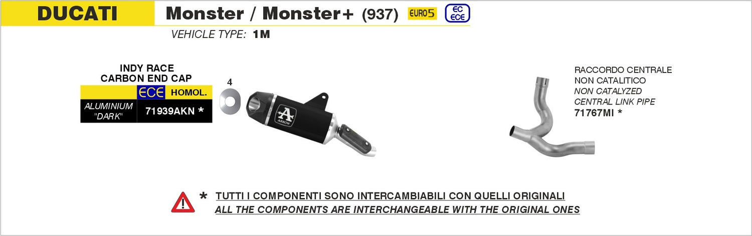 Arrow 71939AKN Indy Race Aluminium Dark Slip-On Muffler w/Carbon End Cap for Ducati Monster 937 21-24