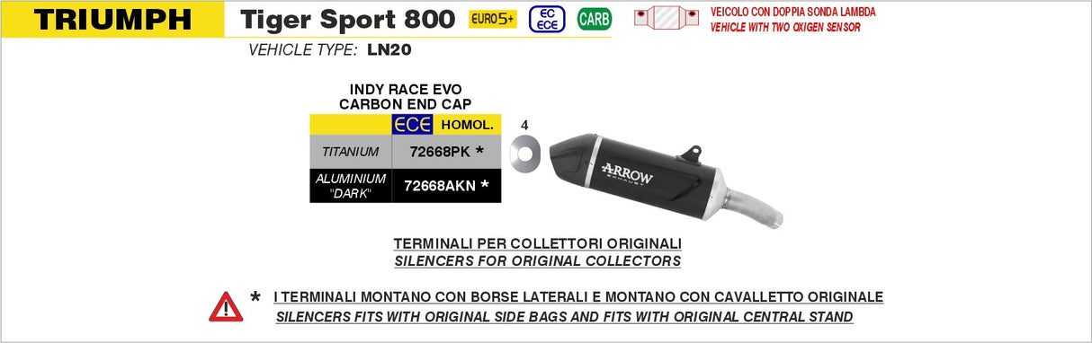 Arrow 72668PK Indy Race Evo Titanium Slip-On Muffler w/Carbon End Cap for Triumph Tiger Sport 800 25-Up