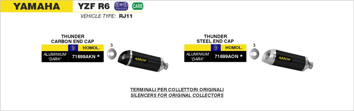 Arrow 71699AON Thunder Aluminium Dark Slip-On Muffler w/Steel End Cap for Yamaha YZF-R6 06-16