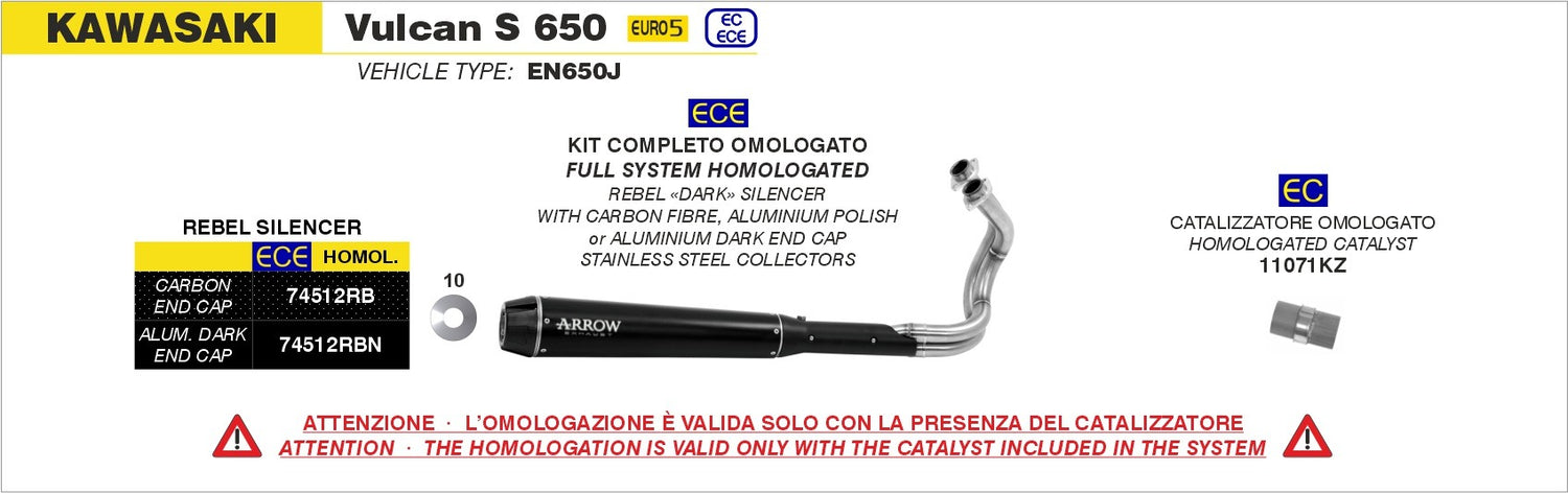 Arrow 74512RB Rebel Stainless Steel Full Exhaust System w/Nichrom Dark Muffler & Carbon End Cap for Kawasaki Vulcan S 650 21-24