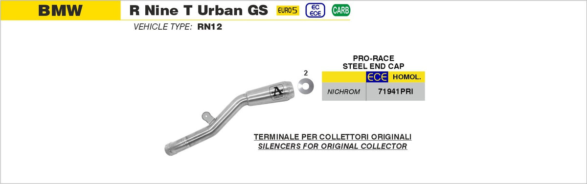 Arrow 71941PRI Pro-Race Nichrom Silver Slip-On Muffler w/Stainless Steel End Cap for BMW R Nine T Urban GS 21-24