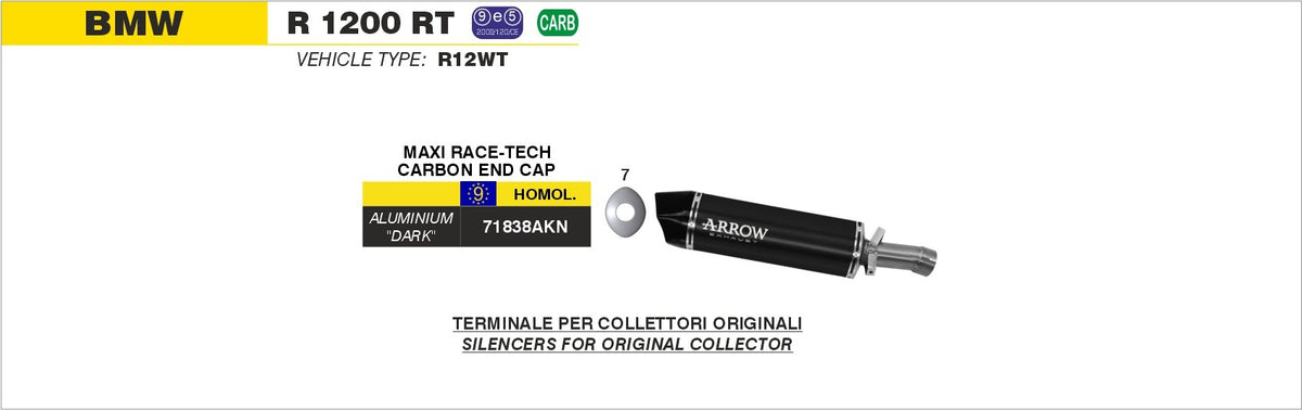 Arrow 71838AKN Maxi Race-Tech Aluminium Dark Slip-On Muffler w/Carbon End Cap for BMW R 1200 RT 14-16