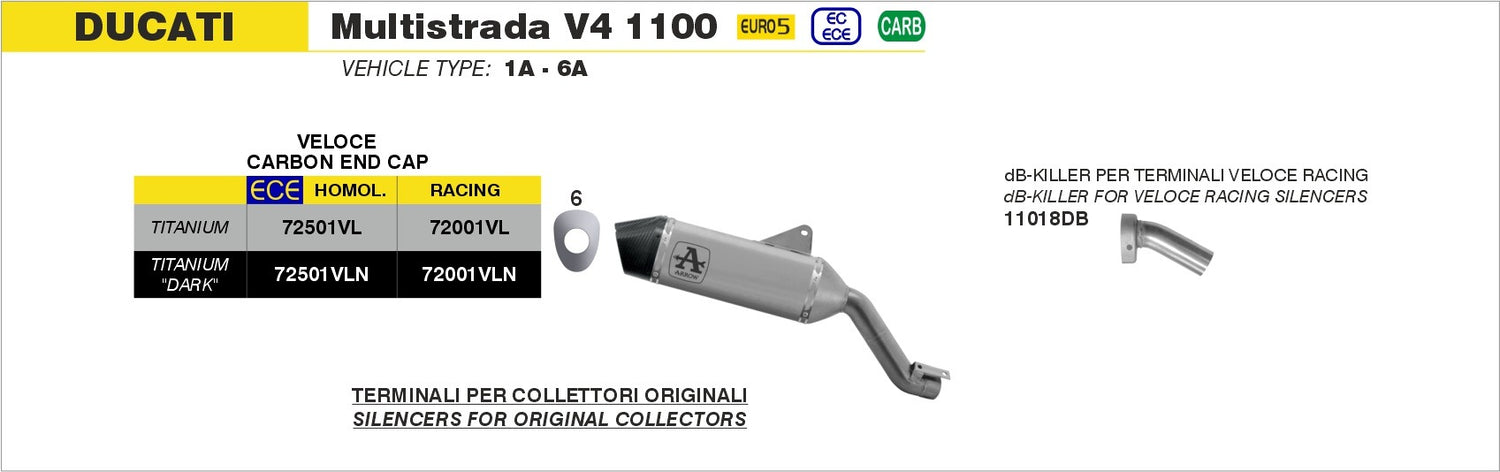 Arrow 72501VLN Veloce Dark Titanium Slip-On Muffler w/Carbon End Cap for Ducati Multistrada V4 1100 21-24