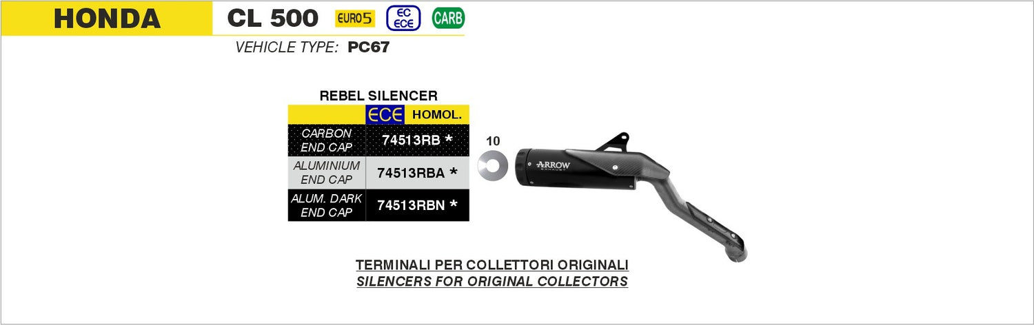 Arrow 74513RBA Rebel Stainless Steel Dark Slip-On Muffler w/Aluminium End Cap for Honda CL500 23-24