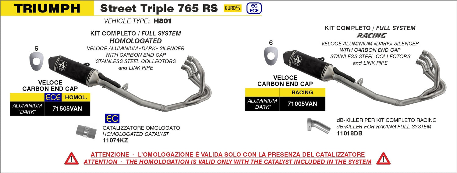 Arrow 71505VAN Veloce Stainless Steel Full Exhaust System w/Aluminium Dark Muffler & Carbon End Cap for Triumph Street Triple 765 RS 23-24
