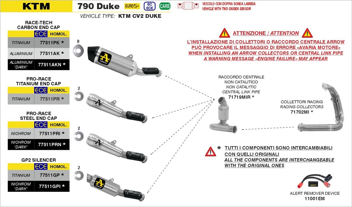 Arrow 77511PR Pro-Race Titanium Slip-On Muffler w/Titanium End Cap for KTM 790 Duke 25-Up