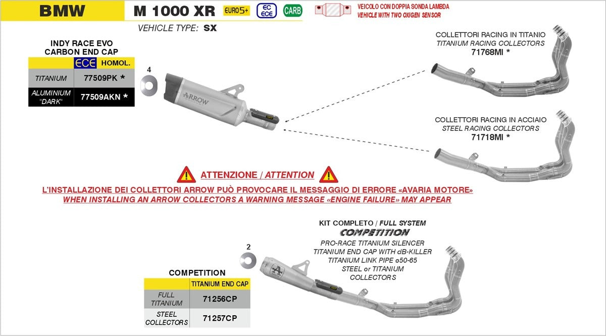 Arrow 71256CP Competition Titanium Full Exhaust System w/Pro-Race Titanium Muffler & Titanium End Cap for BMW M 1000 XR 25-Up